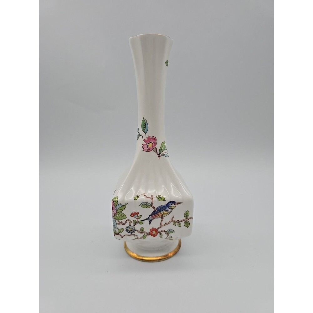 Aynsley Fine Bone China Pembroke Bud Vase England Bird Floral Transferware